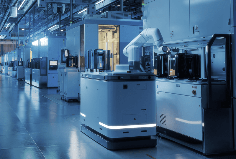 Autonomous mobile robot with an articulated arm on a modern factory floor